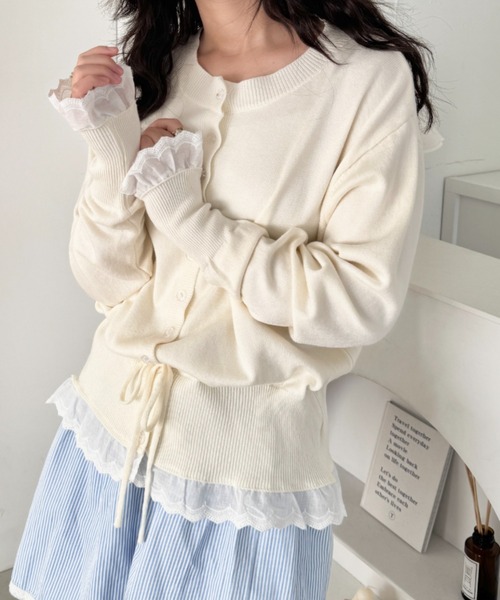 SOLLON.(ソルロン)の「コットンレースリボンリブカーディガン(カーディガン/ボレロ・レディース・ミント/アイボリー/ピンク・FREE)」の1枚目の写真
