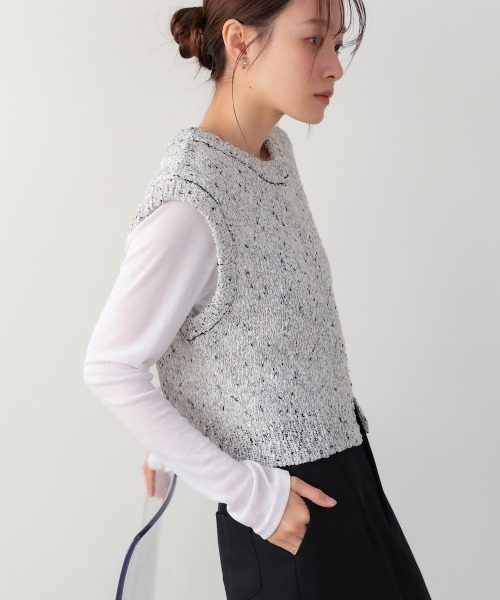 Bab（バブ）の「MIX編みラインニットトップス（ベスト・レディース・アイボリー/ブラック・FREE）」の8枚目の写真