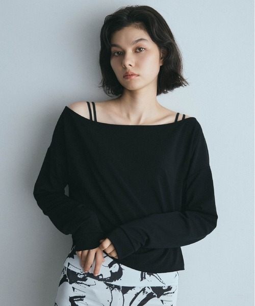 Lina la mer.(リナラメール)の「【Lina la mer. /リナラメール】Rush T shirt ヨガウェア フィットネスウェア 長袖 ラッシュシャツ ラッシュガード ロングスリーブ offShoulder オフショルダー カットソー(Tシャツ/カットソー・レディース・ホワイト/ブラック・MEDIUM)」の2枚目の写真