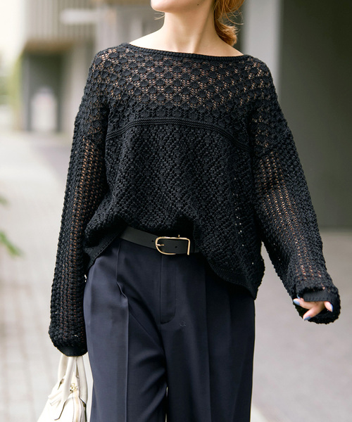 Spick & Span(スピックアンドスパン)の「《WEB限定 / 追加2》透かし編みボートネックニット(ニット/セーター・レディース・ブラック/ホワイト・FREE)」の5枚目の写真