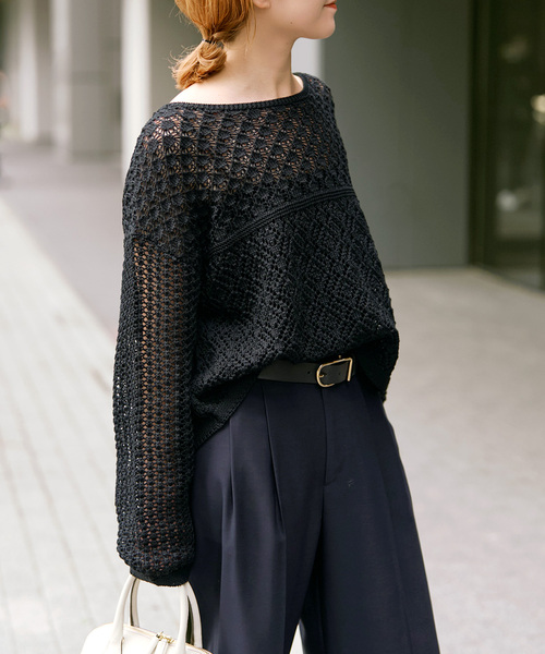 Spick & Span(スピックアンドスパン)の「《WEB限定 / 追加2》透かし編みボートネックニット(ニット/セーター・レディース・ブラック/ホワイト・FREE)」の6枚目の写真