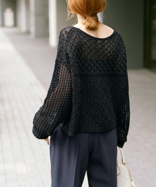Spick & Span(スピックアンドスパン)の「《WEB限定 / 追加2》透かし編みボートネックニット(ニット/セーター・レディース・ブラック/ホワイト・FREE)」の7枚目の写真