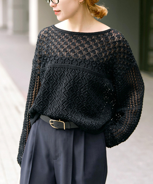 Spick & Span(スピックアンドスパン)の「《WEB限定 / 追加2》透かし編みボートネックニット(ニット/セーター・レディース・ブラック/ホワイト・FREE)」の8枚目の写真