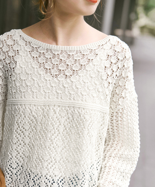 Spick & Span(スピックアンドスパン)の「《WEB限定 / 追加2》透かし編みボートネックニット(ニット/セーター・レディース・ブラック/ホワイト・FREE)」の15枚目の写真