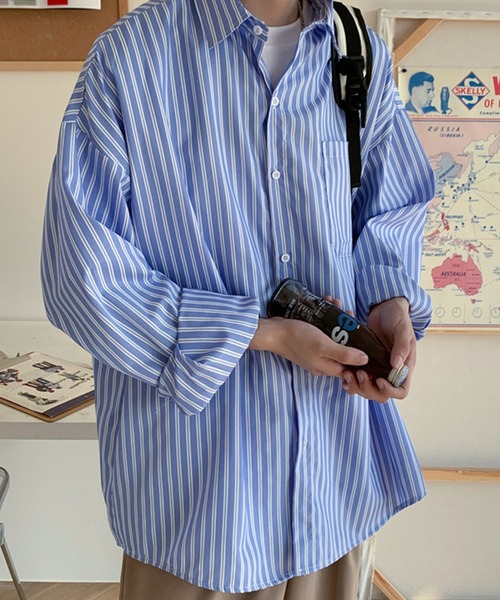 DOUBLE STEAL（ダブルスティール）の「DSオーバーサイズ ストライプ長袖シャツ（シャツ/ブラウス・メンズ・ブラック/ブルー/ホワイト・MEDIUM/X-LARGE/LARGE）」の3枚目の写真