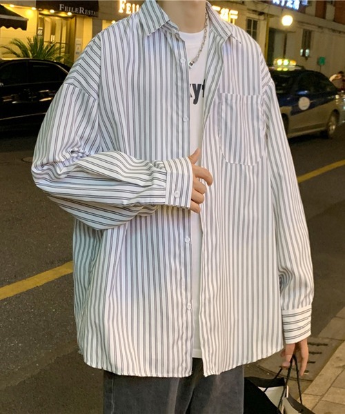 DOUBLE STEAL（ダブルスティール）の「DSオーバーサイズ ストライプ長袖シャツ（シャツ/ブラウス・メンズ・ブラック/ブルー/ホワイト・MEDIUM/X-LARGE/LARGE）」の4枚目の写真
