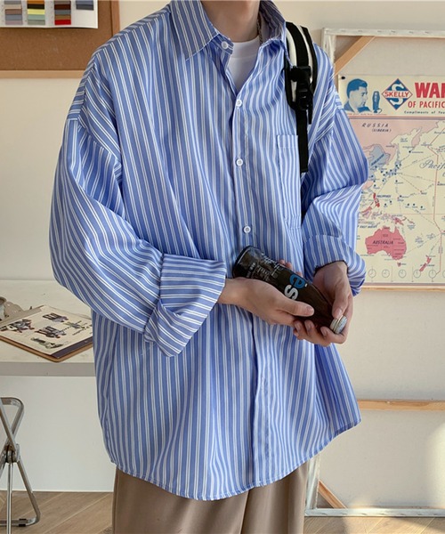 DOUBLE STEAL（ダブルスティール）の「DSオーバーサイズ ストライプ長袖シャツ（シャツ/ブラウス・メンズ・ブラック/ブルー/ホワイト・MEDIUM/X-LARGE/LARGE）」の5枚目の写真