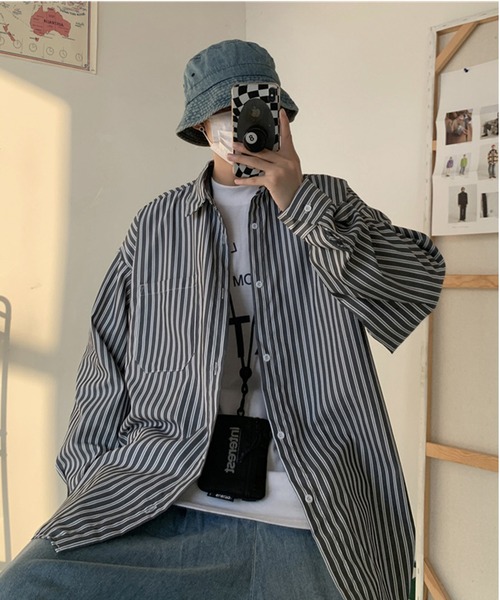 DOUBLE STEAL（ダブルスティール）の「DSオーバーサイズ ストライプ長袖シャツ（シャツ/ブラウス・メンズ・ブラック/ブルー/ホワイト・MEDIUM/X-LARGE/LARGE）」の7枚目の写真