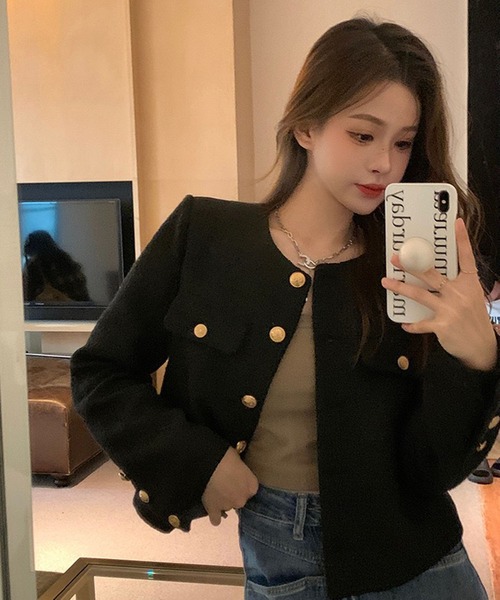 WESTSEA(ウエストシー)の「ショート丈 ノーカラージャケット ツイード風(ノーカラージャケット・レディース・ブラック・M/L)」の5枚目の写真
