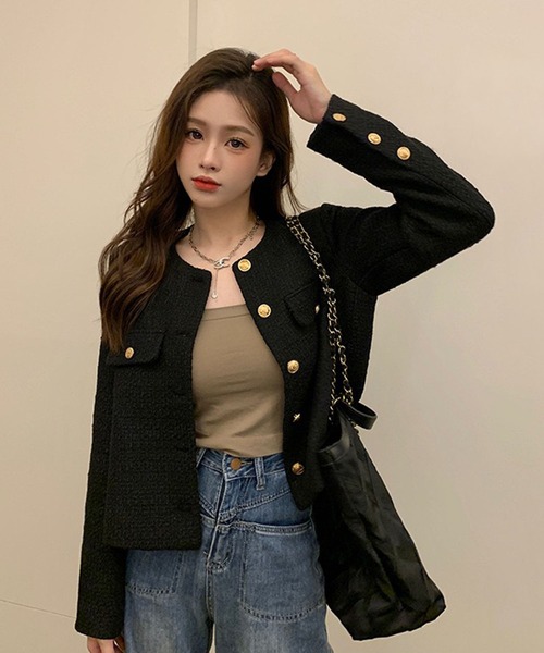 WESTSEA(ウエストシー)の「ショート丈 ノーカラージャケット ツイード風(ノーカラージャケット・レディース・ブラック・M/L)」の6枚目の写真