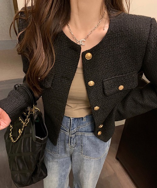 WESTSEA(ウエストシー)の「ショート丈 ノーカラージャケット ツイード風(ノーカラージャケット・レディース・ブラック・M/L)」の8枚目の写真