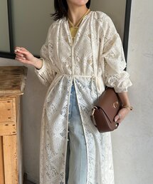 ブロックレース袖ボリュームワンピース