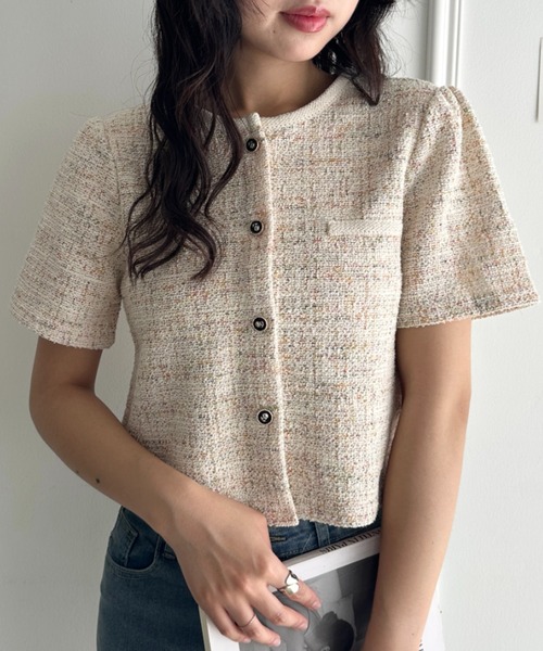 CLEA(クレア)の「配色ラメツイード半袖ジャケット(Tシャツ/カットソー・レディース・アイボリー/ブラック/ライトブルー/ホワイト・FREE)」の3枚目の写真