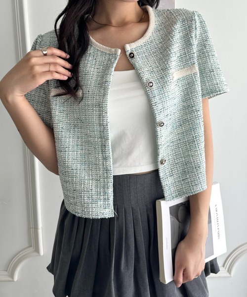 CLEA(クレア)の「配色ラメツイード半袖ジャケット(Tシャツ/カットソー・レディース・アイボリー/ブラック/ライトブルー/ホワイト・FREE)」の1枚目の写真