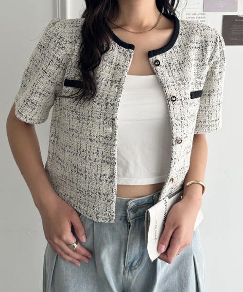 CLEA(クレア)の「配色ラメツイード半袖ジャケット(Tシャツ/カットソー・レディース・アイボリー/ブラック/ライトブルー/ホワイト・FREE)」の5枚目の写真