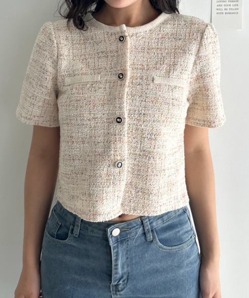 CLEA(クレア)の「配色ラメツイード半袖ジャケット(Tシャツ/カットソー・レディース・アイボリー/ブラック/ライトブルー/ホワイト・FREE)」の7枚目の写真