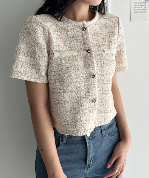 CLEA(クレア)の「配色ラメツイード半袖ジャケット(Tシャツ/カットソー・レディース・アイボリー/ブラック/ライトブルー/ホワイト・FREE)」の8枚目の写真