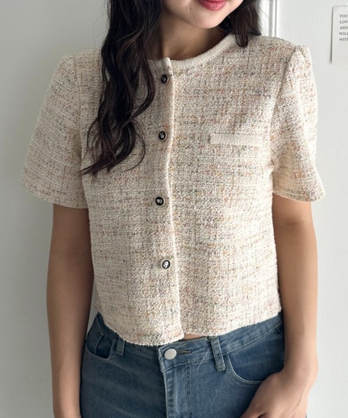 CLEA(クレア)の「配色ラメツイード半袖ジャケット(Tシャツ/カットソー・レディース・アイボリー/ブラック/ライトブルー/ホワイト・FREE)」の10枚目の写真