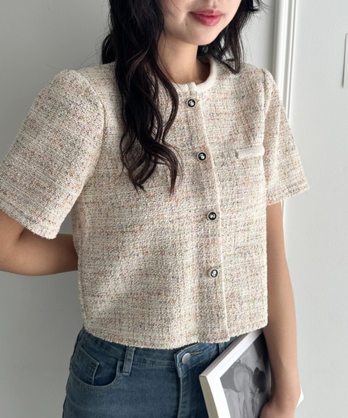 CLEA(クレア)の「配色ラメツイード半袖ジャケット(Tシャツ/カットソー・レディース・アイボリー/ブラック/ライトブルー/ホワイト・FREE)」の12枚目の写真