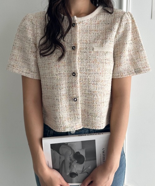 CLEA(クレア)の「配色ラメツイード半袖ジャケット(Tシャツ/カットソー・レディース・アイボリー/ブラック/ライトブルー/ホワイト・FREE)」の13枚目の写真