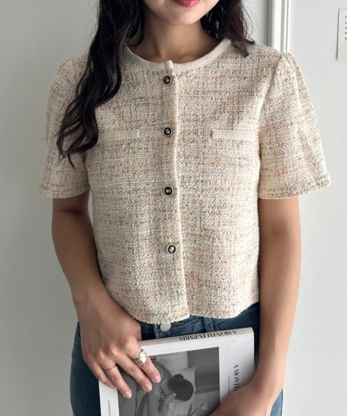 CLEA(クレア)の「配色ラメツイード半袖ジャケット(Tシャツ/カットソー・レディース・アイボリー/ブラック/ライトブルー/ホワイト・FREE)」の14枚目の写真