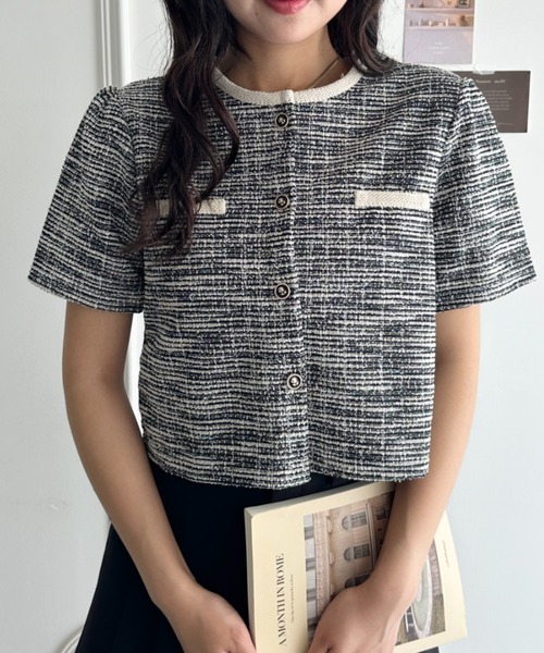 CLEA(クレア)の「配色ラメツイード半袖ジャケット(Tシャツ/カットソー・レディース・アイボリー/ブラック/ライトブルー/ホワイト・FREE)」の18枚目の写真