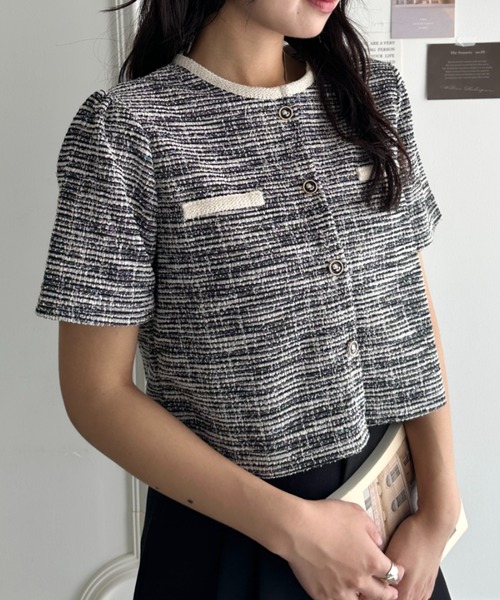 CLEA(クレア)の「配色ラメツイード半袖ジャケット(Tシャツ/カットソー・レディース・アイボリー/ブラック/ライトブルー/ホワイト・FREE)」の20枚目の写真