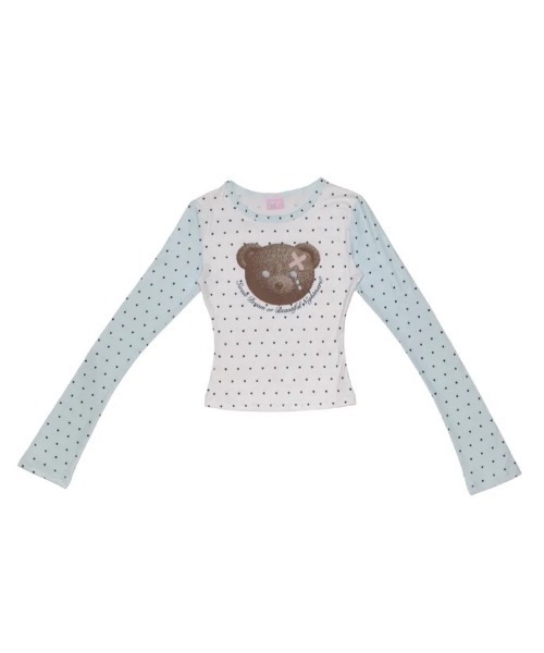 Unopened gift（アンオープンドギフト）の「【Unopened gift】crying bear tshirt / 【アンオープンドギフト】クライングベアードットフィット長袖Tシャツ（Tシャツ/カットソー・レディース・ホワイト×ブルー・ONE SIZE）」の6枚目の写真