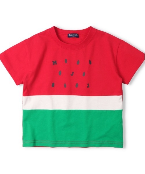 Moujonjon(ムージョンジョン)の「スイカ・キウイ切替半袖Tシャツ(Tシャツ/カットソー・キッズ・グリーン/レッド・90/130/110/140/120/100)」の1枚目の写真