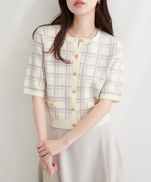 natural couture(ナチュラルクチュール)の「麻タッチチェック柄ニット(ニット/セーター・レディース・ネイビー/オフホワイト/サックスブルー/ピンク・FREE)」の2枚目の写真