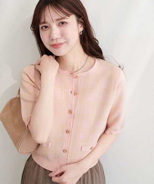 natural couture(ナチュラルクチュール)の「麻タッチチェック柄ニット(ニット/セーター・レディース・ネイビー/オフホワイト/サックスブルー/ピンク・FREE)」の4枚目の写真