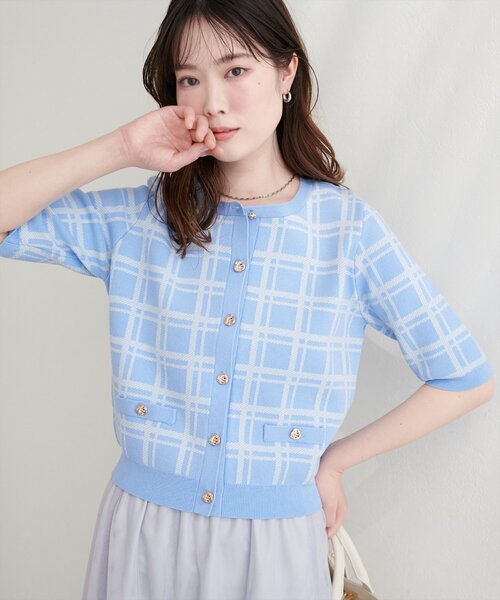 natural couture（ナチュラルクチュール）の「麻タッチチェック柄ニット（ニット/セーター・レディース・ネイビー/オフホワイト/サックスブルー/ピンク・FREE）」の18枚目の写真