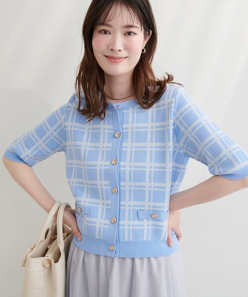 natural couture（ナチュラルクチュール）の「麻タッチチェック柄ニット（ニット/セーター・レディース・ネイビー/オフホワイト/サックスブルー/ピンク・FREE）」の19枚目の写真