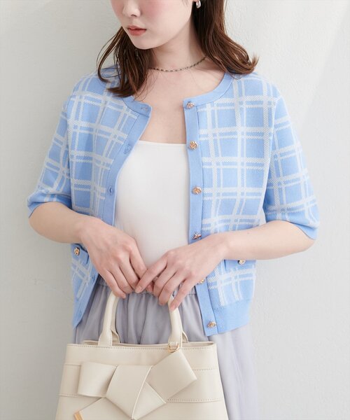 natural couture(ナチュラルクチュール)の「麻タッチチェック柄ニット(ニット/セーター・レディース・ネイビー/オフホワイト/サックスブルー/ピンク・FREE)」の5枚目の写真