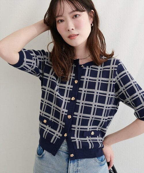 natural couture(ナチュラルクチュール)の「麻タッチチェック柄ニット(ニット/セーター・レディース・ネイビー/オフホワイト/サックスブルー/ピンク・FREE)」の9枚目の写真