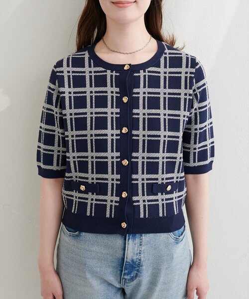 natural couture(ナチュラルクチュール)の「麻タッチチェック柄ニット(ニット/セーター・レディース・ネイビー/オフホワイト/サックスブルー/ピンク・FREE)」の11枚目の写真