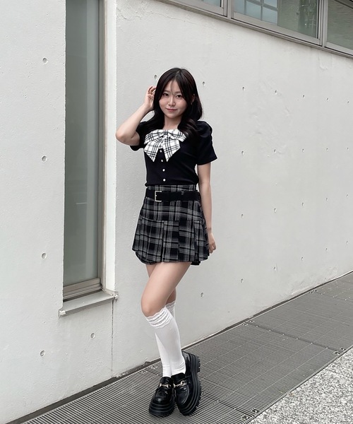 abc une face(アーベーセーアンフェイス)の「リボンレイヤードトップス(Tシャツ/カットソー・レディース・ブラック/ネイビー/ホワイト/ピンク・FREE)」の7枚目の写真