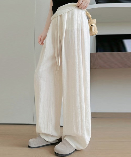 DAY CLOSET（デイ クローゼット）の「【大きいサイズ有/紐調節可】リネン風 ワンタック カーブシルエット スウェット イージーパンツ レディース（スウェットパンツ・レディース・ダークネイビー/ピンク/カーキ/ライトブルー/アイボリー・L/XL/S/M）」の2枚目の写真