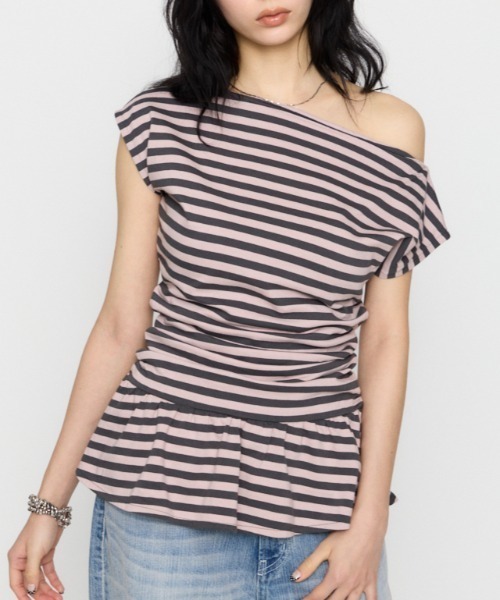 LAGUA GEM(ラグアジェム)の「BORDER DRAPE FRILL チュニック(Tシャツ/カットソー・レディース・グレー/アイボリー/ライトピンク・FREE)」の3枚目の写真