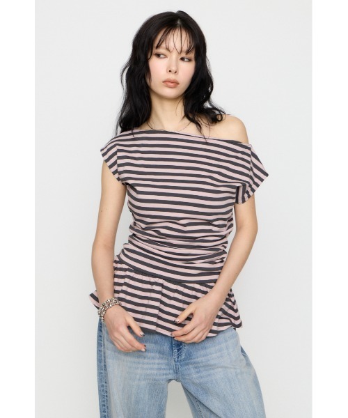 LAGUA GEM(ラグアジェム)の「BORDER DRAPE FRILL チュニック(Tシャツ/カットソー・レディース・グレー/アイボリー/ライトピンク・FREE)」の13枚目の写真