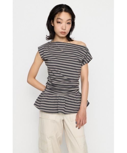 LAGUA GEM(ラグアジェム)の「BORDER DRAPE FRILL チュニック(Tシャツ/カットソー・レディース・グレー/アイボリー/ライトピンク・FREE)」の8枚目の写真