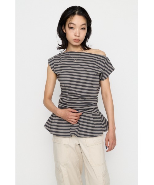 LAGUA GEM(ラグアジェム)の「BORDER DRAPE FRILL チュニック(Tシャツ/カットソー・レディース・グレー/アイボリー/ライトピンク・FREE)」の9枚目の写真