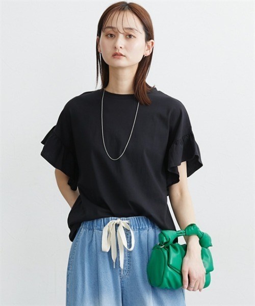 nissen(ニッセン)の「【汗じみにくい綿100%素材】フリル袖ドルマントップス(Tシャツ/カットソー・レディース・グレイッシュベージュ/ブラック/オフホワイト・M/L/LL/3L)」の18枚目の写真