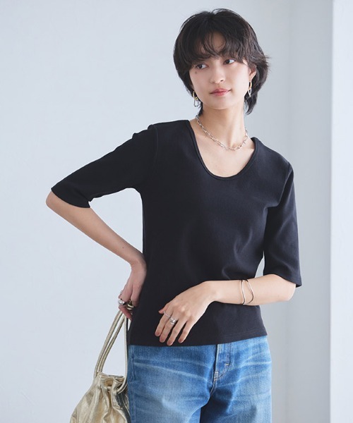 RASW（ラス）の「[RASW]2way機能テレコ5分袖プルオーバー（Tシャツ/カットソー・レディース・オフホワイト/ブラック・L/M）」の17枚目の写真