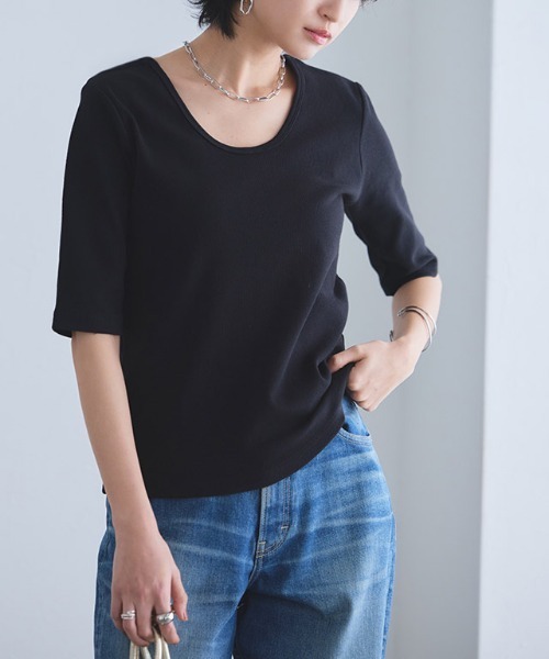 RASW（ラス）の「[RASW]2way機能テレコ5分袖プルオーバー（Tシャツ/カットソー・レディース・オフホワイト/ブラック・L/M）」の18枚目の写真