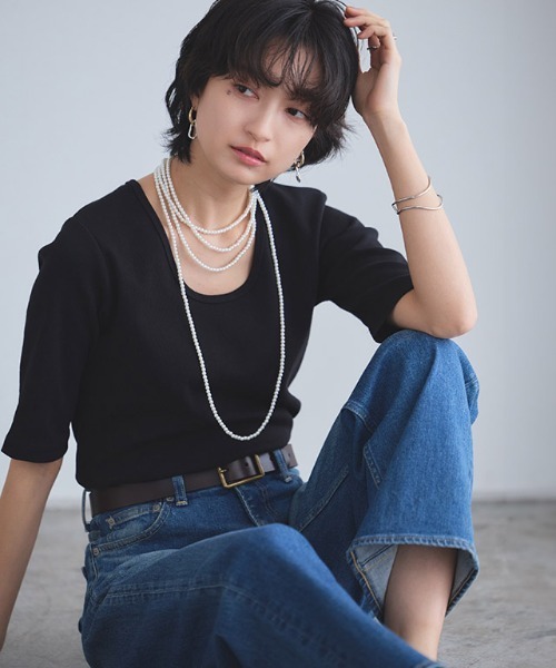 RASW（ラス）の「[RASW]2way機能テレコ5分袖プルオーバー（Tシャツ/カットソー・レディース・オフホワイト/ブラック・L/M）」の19枚目の写真