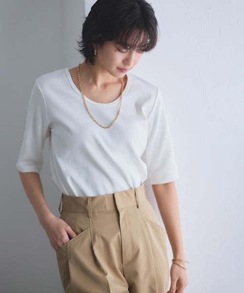 RASW（ラス）の「[RASW]2way機能テレコ5分袖プルオーバー（Tシャツ/カットソー・レディース・オフホワイト/ブラック・L/M）」の9枚目の写真