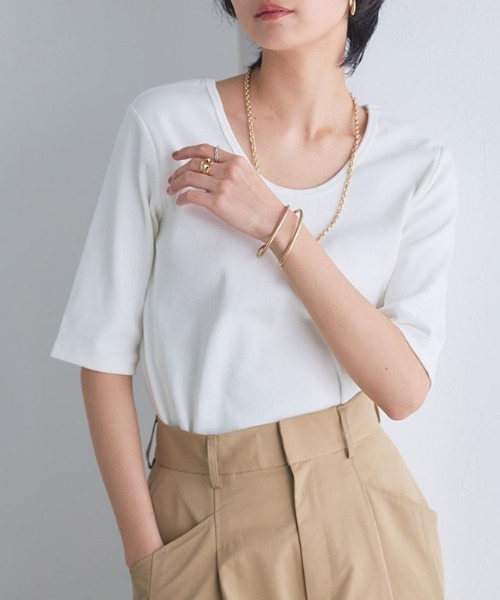 RASW（ラス）の「[RASW]2way機能テレコ5分袖プルオーバー（Tシャツ/カットソー・レディース・オフホワイト/ブラック・L/M）」の10枚目の写真