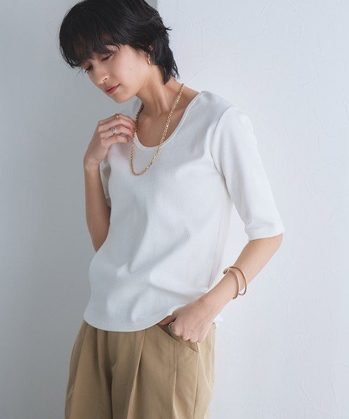 RASW（ラス）の「[RASW]2way機能テレコ5分袖プルオーバー（Tシャツ/カットソー・レディース・オフホワイト/ブラック・L/M）」の12枚目の写真