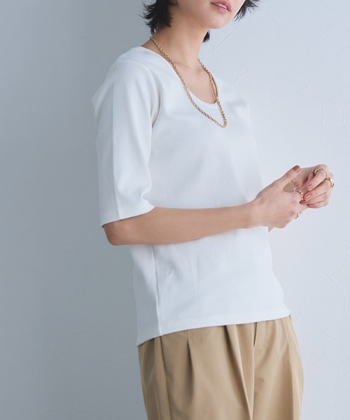 RASW（ラス）の「[RASW]2way機能テレコ5分袖プルオーバー（Tシャツ/カットソー・レディース・オフホワイト/ブラック・L/M）」の13枚目の写真